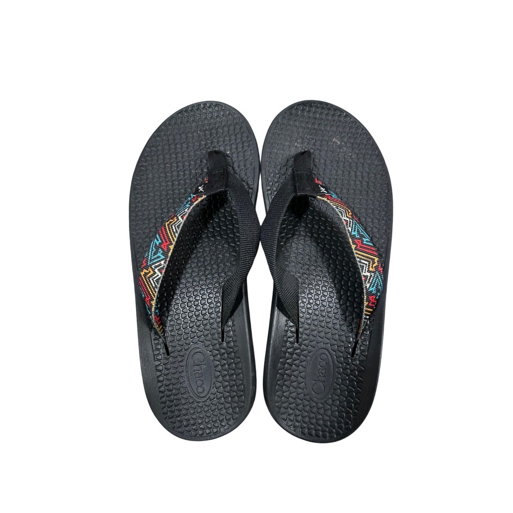 Chaco Classic Flip Flops Womens 10 Black Multi Color Geometric Straps Sandals